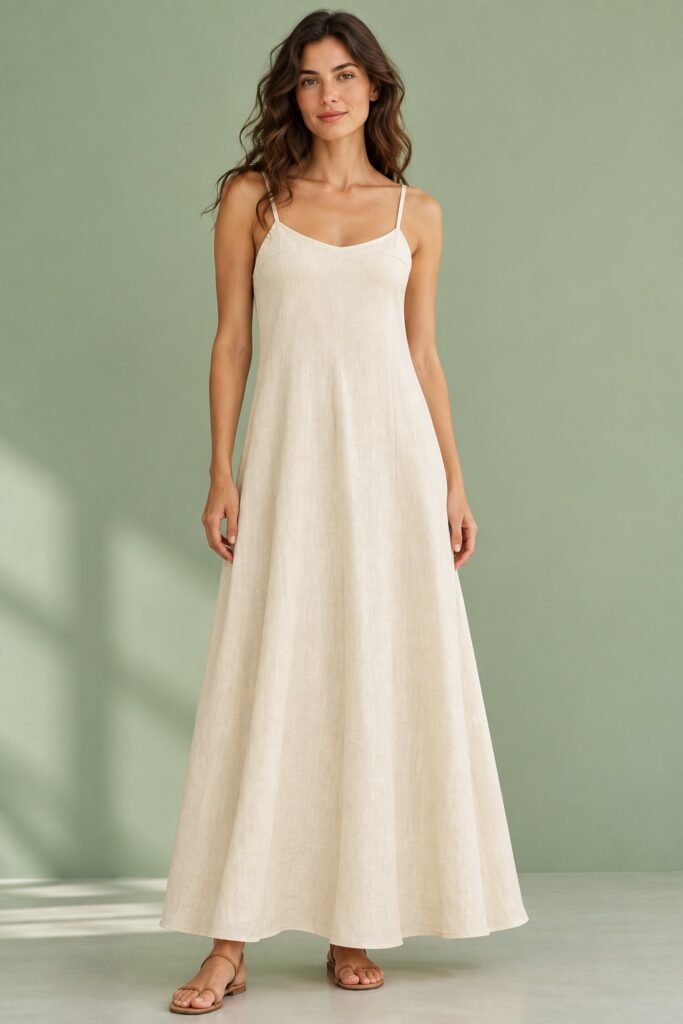 Model wearing a long cream linen spaghetti strap maxi dress, free sewing pattern SC1006