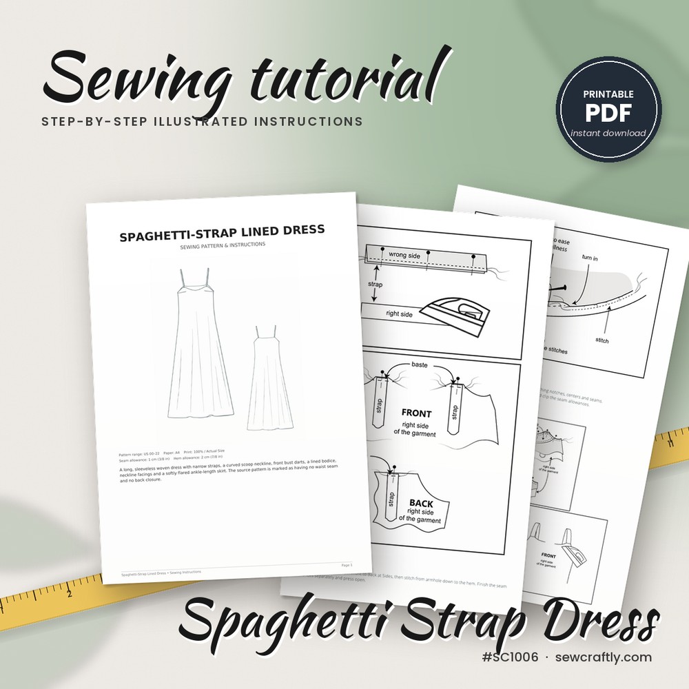 Spaghetti strap dress printable sewing tutorial PDF with illustrated step-by-step instructions